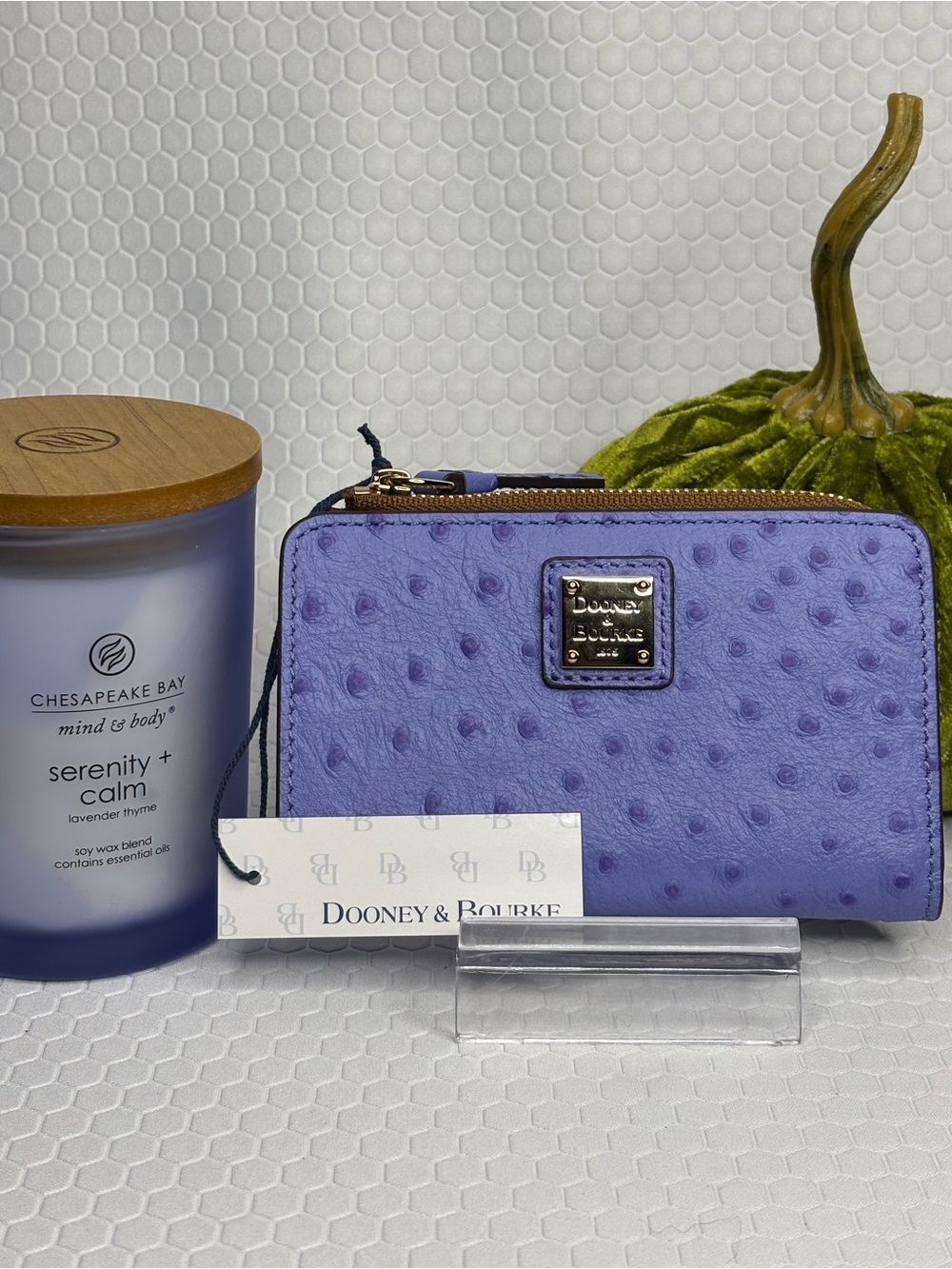 Dooney & Bourke Ostrich-Embossed Leather Wallet and Candle Set NWT
